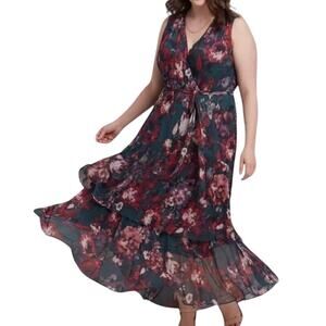 Lane Bryant Crossover High Low Maxi Dress Burgundy Hunter Floral Women's 16